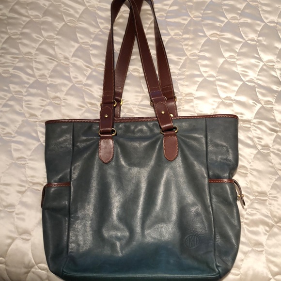 Real Leather Brown and Green Tote - Picture 1 of 4